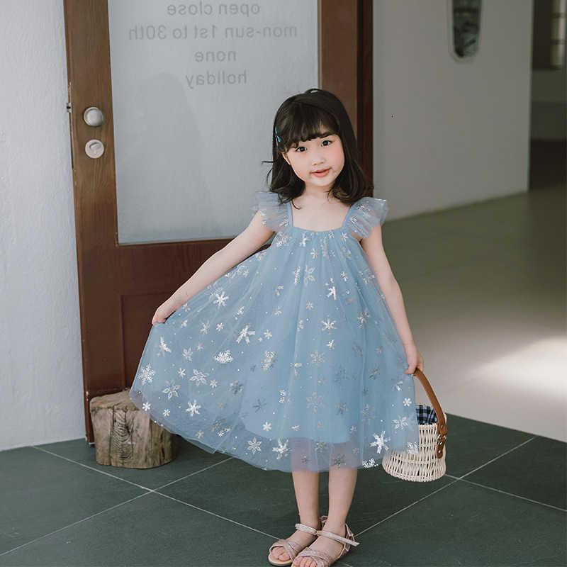 Girl's Dresses 23 Summer New Frozen 2 Elsa Girls Blue Dress Girls Sleeveless Mesh Princess Strap Skirt