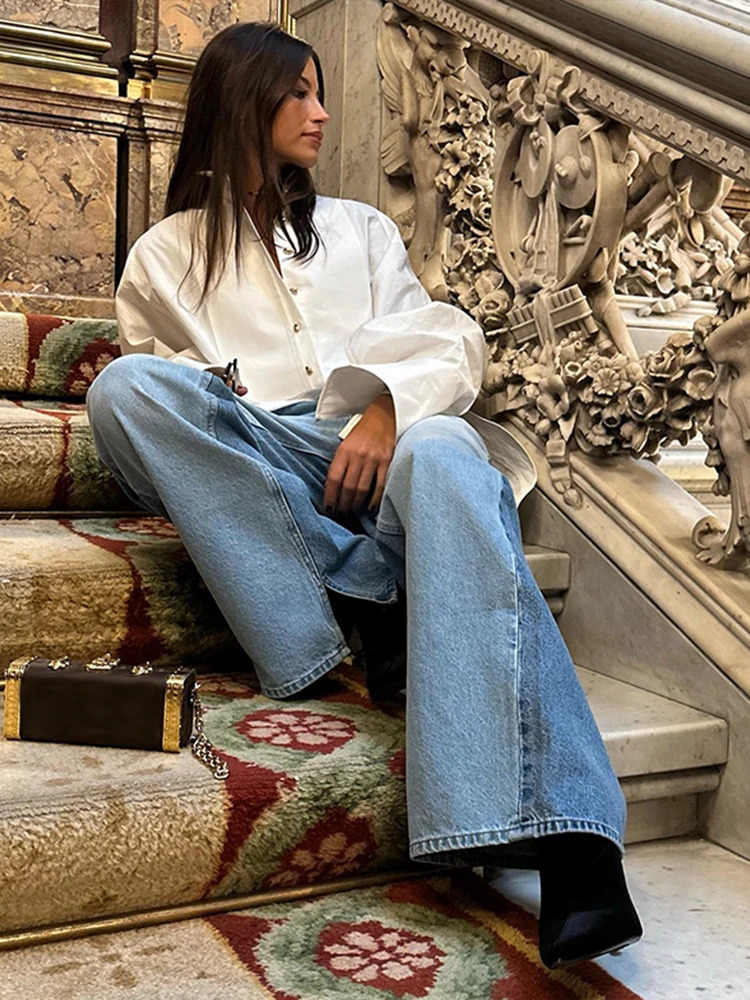 Loose Chiffon Shirt Women White Lapel Lantern Sleeves Single Breasted Irregular Hem Shirts Female 2025 Spring Chic Lady Blouse 250310