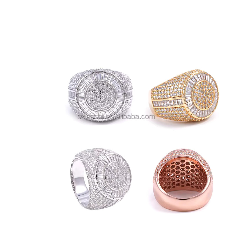 New Arrival Luxury GRA Certificate Iced Out Hip Hop VVS Baguette Moissanite Diamond 925 Sterling Silver Round Ring for Men