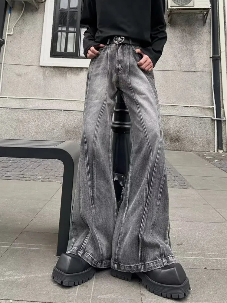 Trashy Y2K Streetwear Washed Grey Baggy Stacked Flare Jeans Pants Men 90S Vintage Clothes Hip Hop Mens Long Trousers 250310