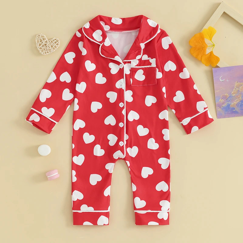 Long Sleeve Baby Boys Girls Sleepwear Pajamas Jumpsuits Lapel Collar Heart Print Button Up Rompers born Loungewear Clothes 250314