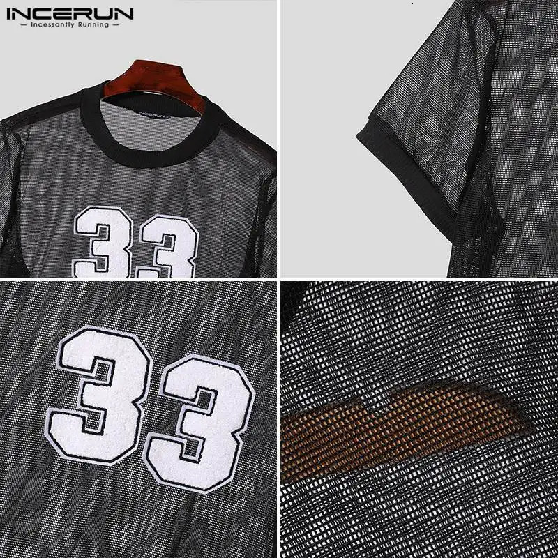 INCERUN Tops American Style Fashion Men Mesh Fabric Digit Printed Tshirt Casual Personality Oneck Short Sleeved Shirt S5XL 250312
