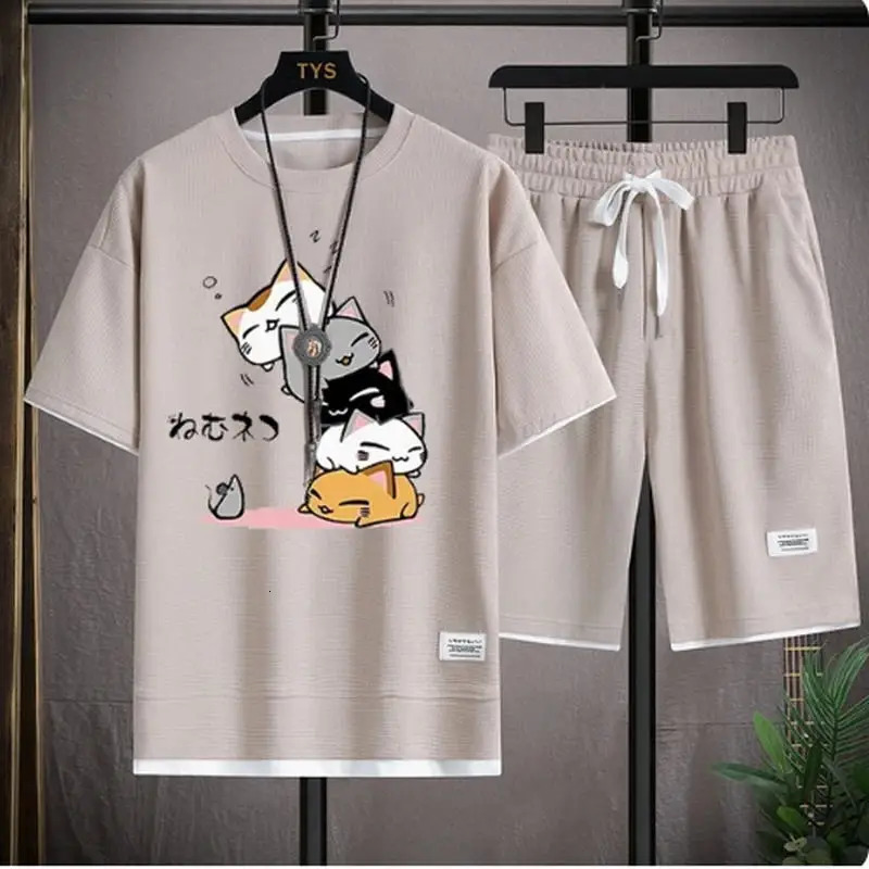 Mens Summer Waffle Set Fashion Casual T-shirtShorts Set Mens Sports Set Loose ComfortableSlo Two-piece Set 250310