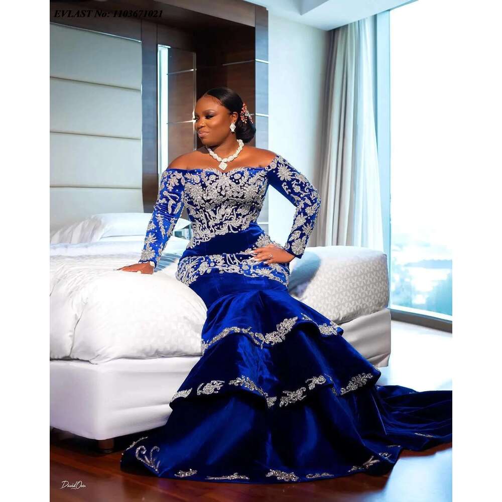 Custom Blue Royal White Lace Applique Ball Gown Layered Fringed Velvet Mermaid Aso Ebi Formal Occasion Dresses prom
