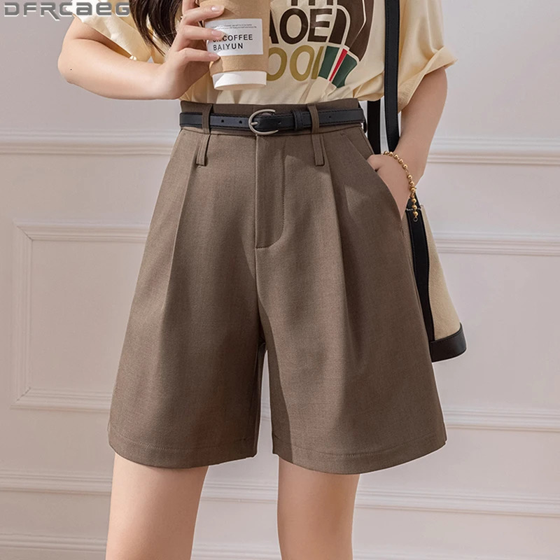 Casual streetwear Bermuda womens shorts high waist knee length womens shorts loose wide leg summer top gray khaki color 250312