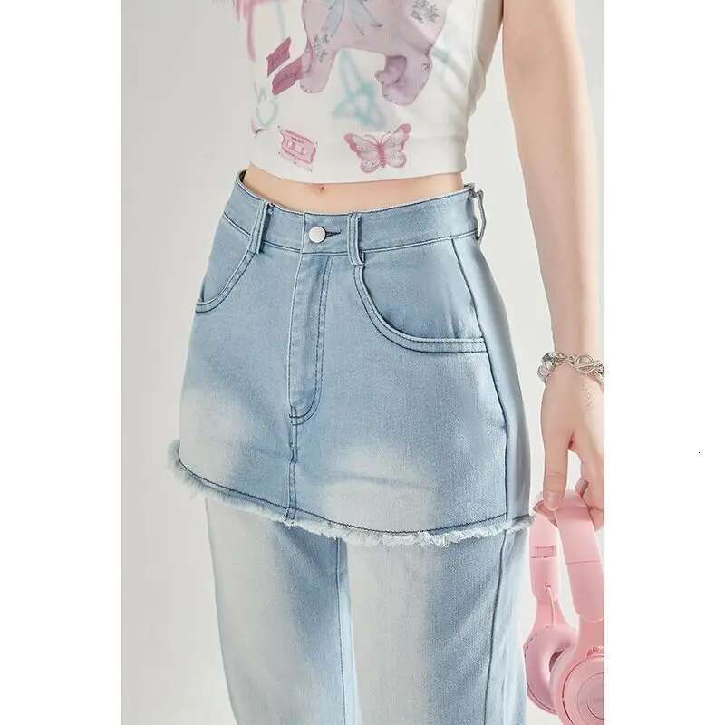 Summer New Korean Fashion Fake Two Piece Spliced Skirt High Waist Slimming Straight Pants Flare Jeans Women Clothing