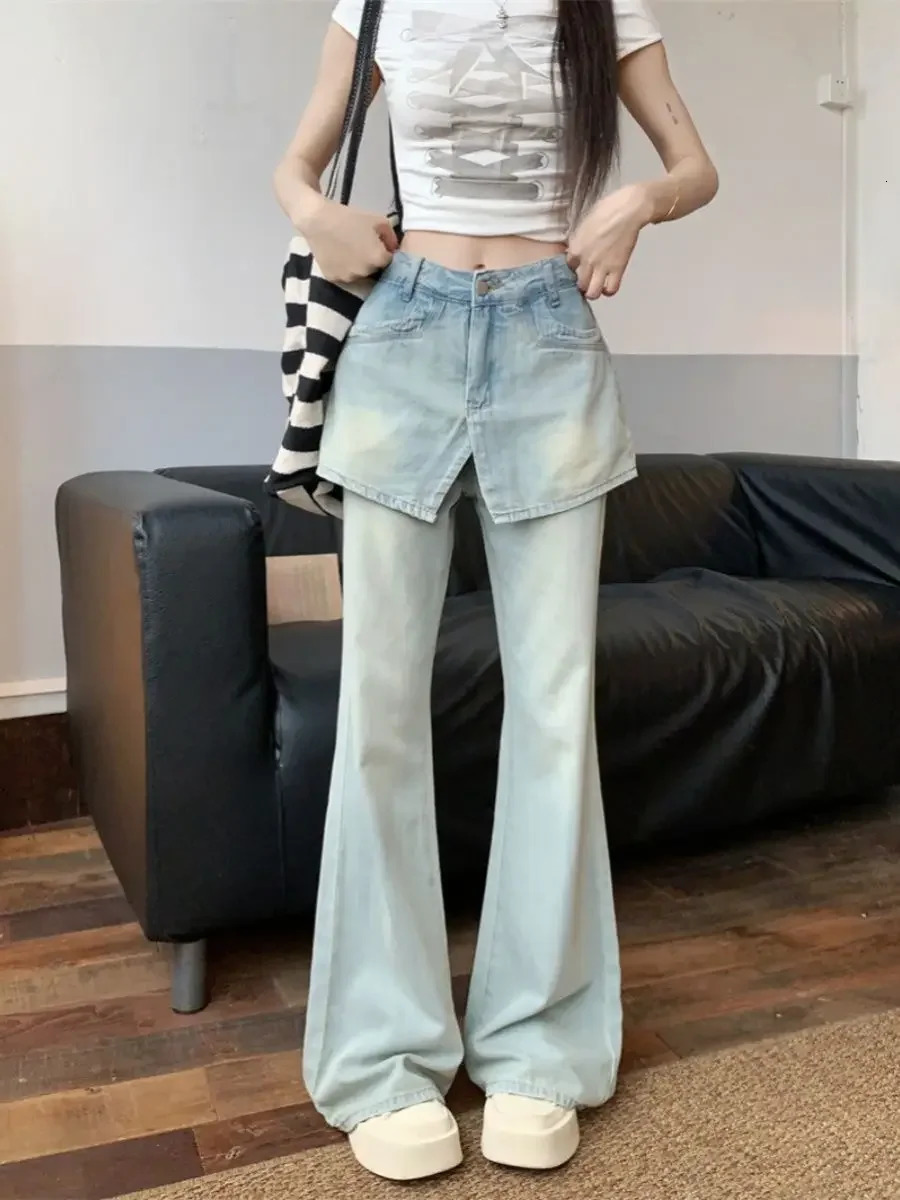 Summer Korean Fashion Two Piece Spliced Skirt Jeans Women High Waist Slimming Straight Pants Flare Clothing 250310