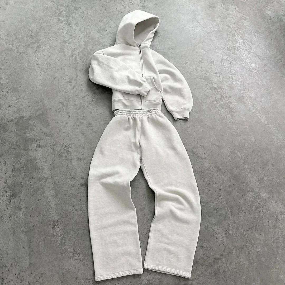 American Retro Simple Classic Y2k Hoodie Two-Piece Set Men's Streetwear Fashion Sweatshirt Women's Gray Haruku Sweatpants