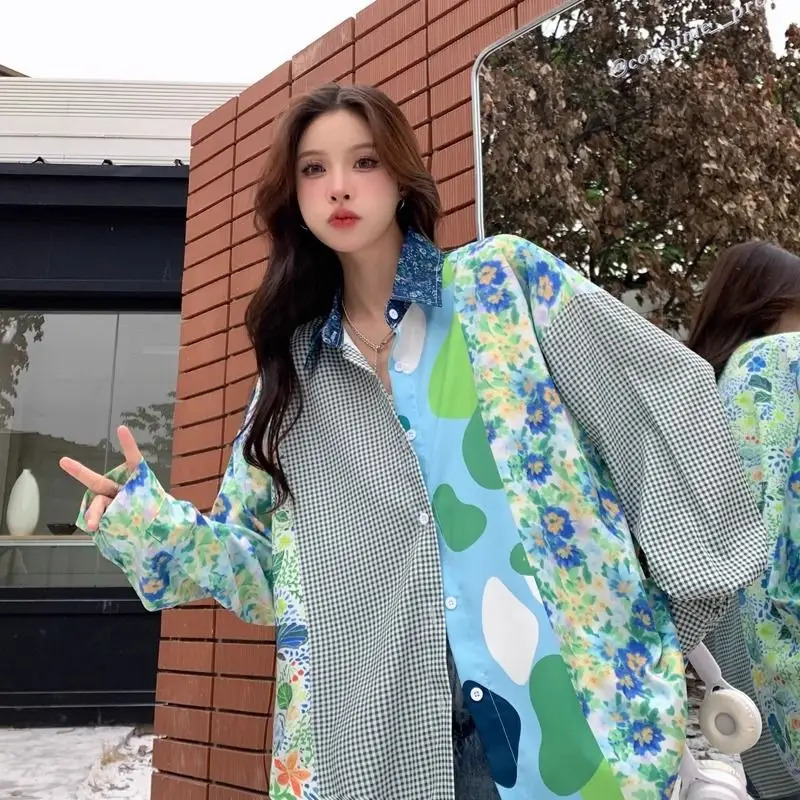 Spring Summer Fashion Floral Patchwork Y2K Thin Shirt Women Loose Casual Sunscreen Long Sleeve Tops 250310