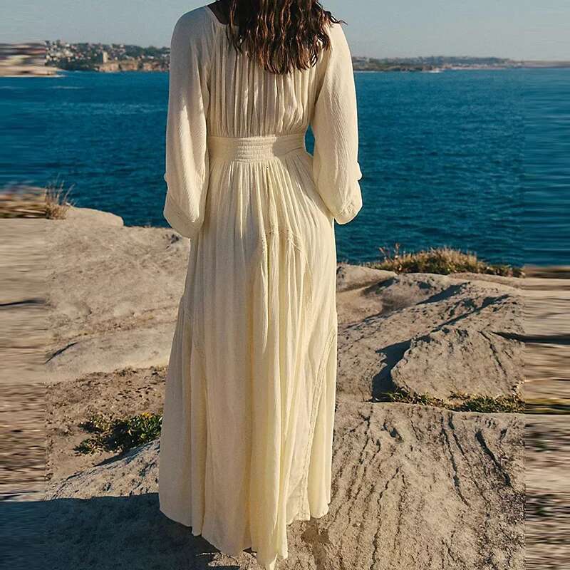 Elegant Holiday Long Fashion Deep V High Waist Pleated Desert New Summer Chiffon 3/4 Sleeve Solid Color Women Dress