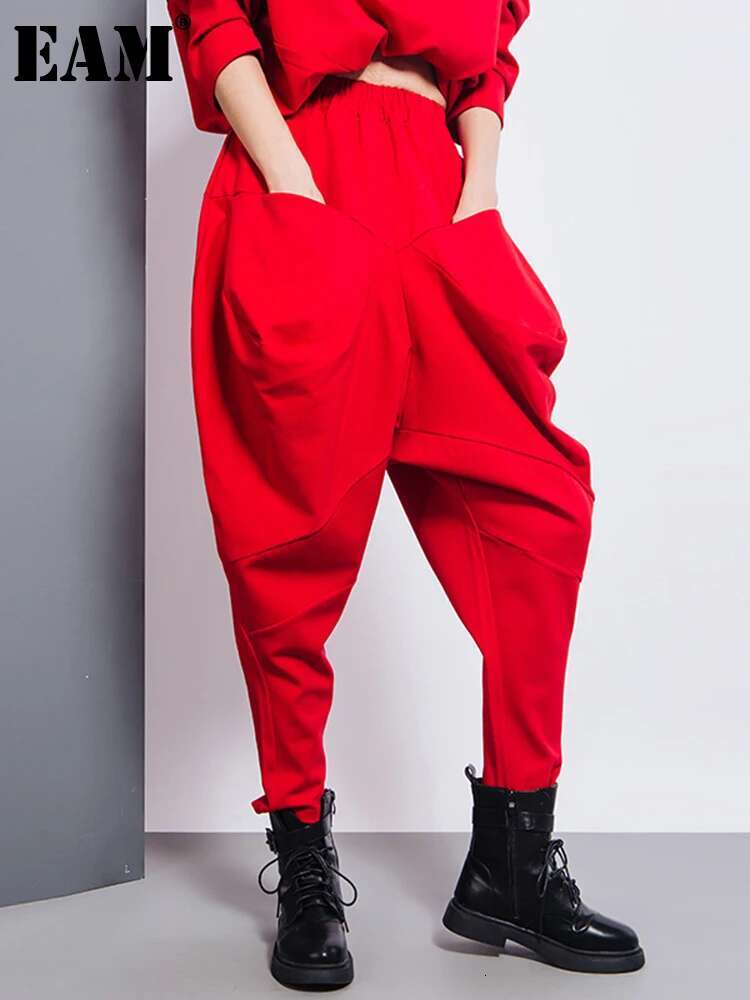 EAM Big Pockets Spliced Irregular High Waist Harem Trousers New Loose Fit Pants Women Fashion Tide Spring Autumn 2024 1Dd2684