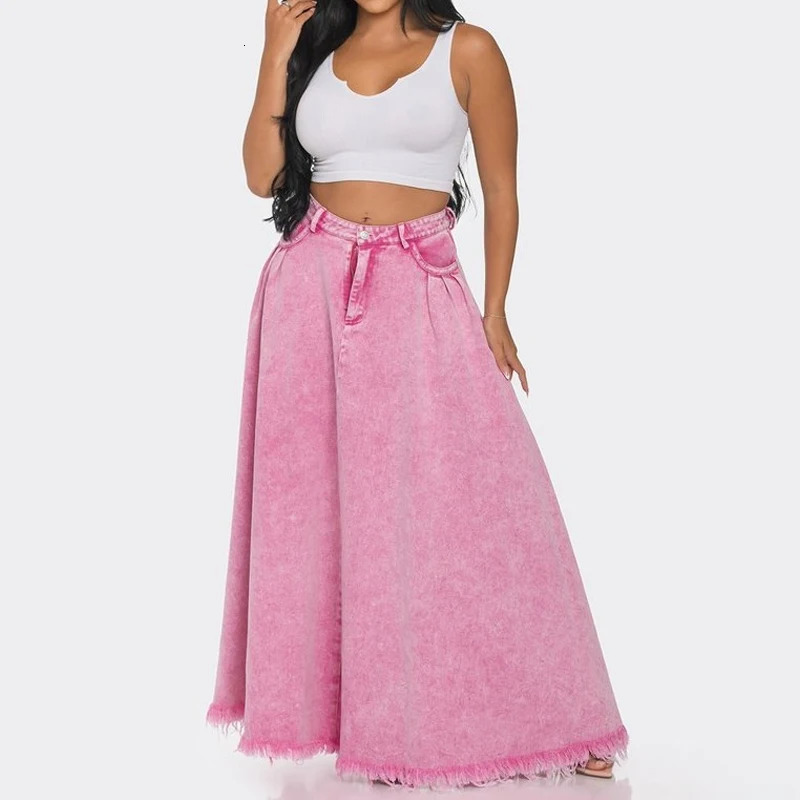 Ruffled long denim tight jeans womens Maxi y streetwear washing pleated tassel loose personality fashion set chic 250310