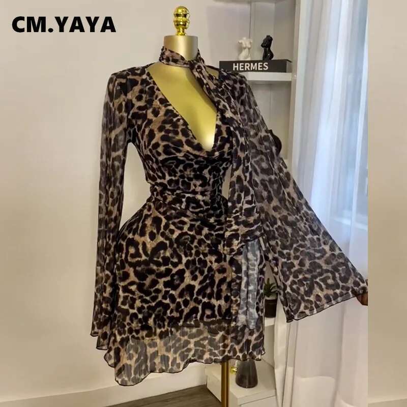 Cm.Yaya Women Full Sleeve Pile Collar Leopard Print Long Maxi Dress Holiday Beach Birthday Evening Sexy Party Dresses Vestidos