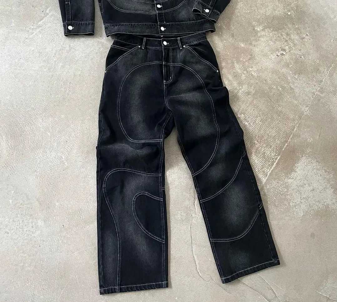 Street washed punk vintage men patchwork jeans Y2K fashionable loose fitting Gothic high waisted Harajuku straight leg pantsT250319