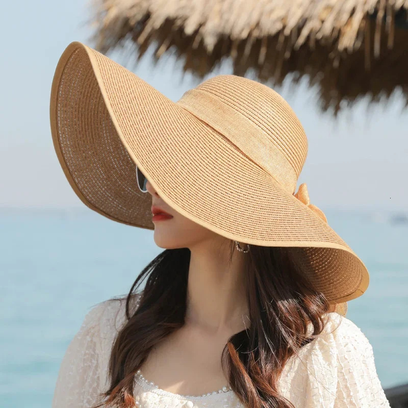 Foldable Summer Beach Straw Hat Womens Wide Brim Sun Hat Block UV Protection Panama Hat Bone Chapeu Womens Straw Hat 250314