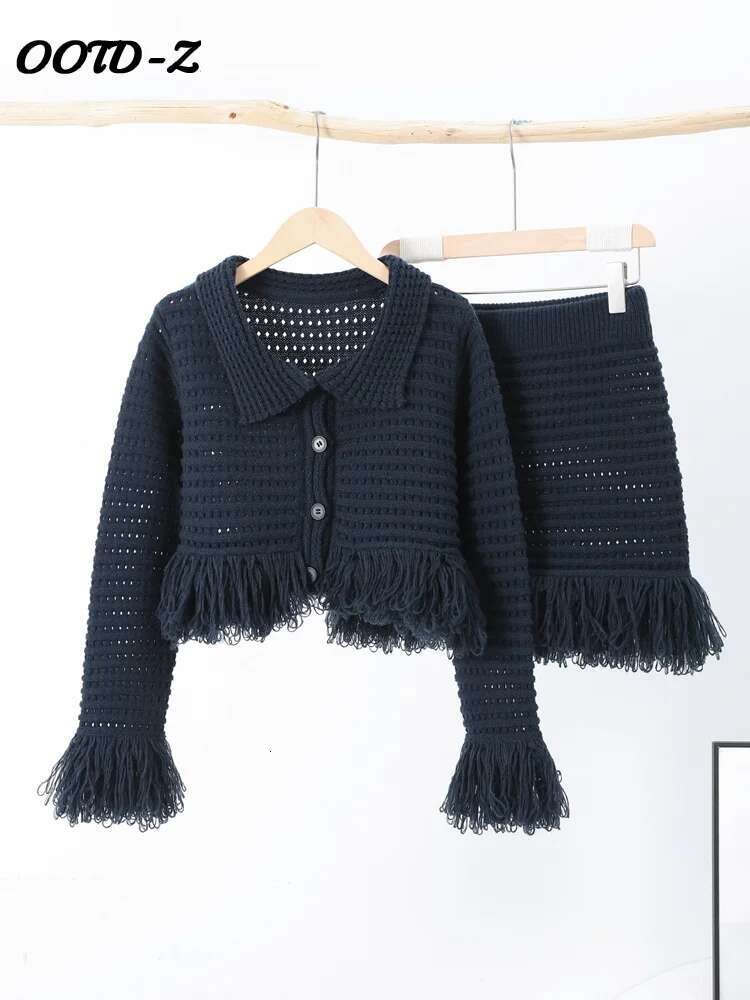 Fringe Knit Slim Mini Skirt Suit Women Fashion Turndown Collar Half Breasted Long Sleeve Top Female Set 2025 Spring Lady Sets