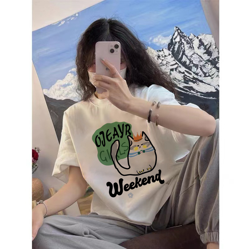 Pick Up Brand Counter Withdraws American Fun Cat Print Short Sleeved T-Shirt For Women