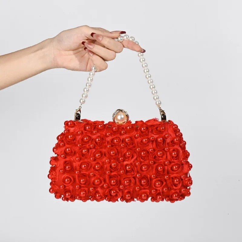 Wedding Party Evening Bag Double Sided Rose Appliques Champange Banquet Handbag Pearl-handle Red Clutch Bags for Women 250314