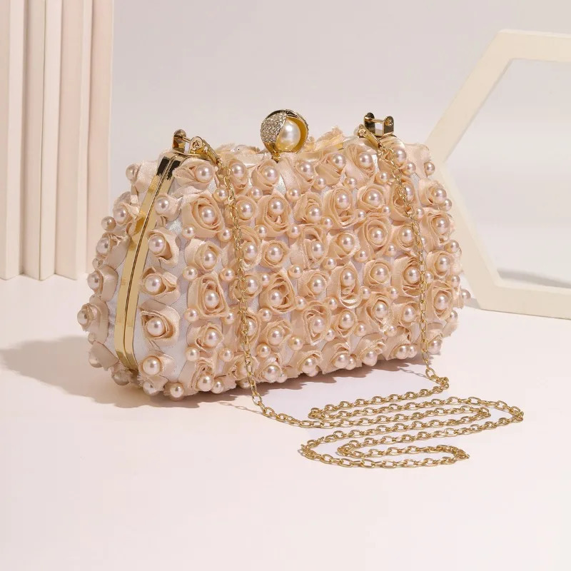 Wedding Party Evening Bag Double Sided Rose Appliques Champange Banquet Handbag Pearl-handle Red Clutch Bags for Women 250314