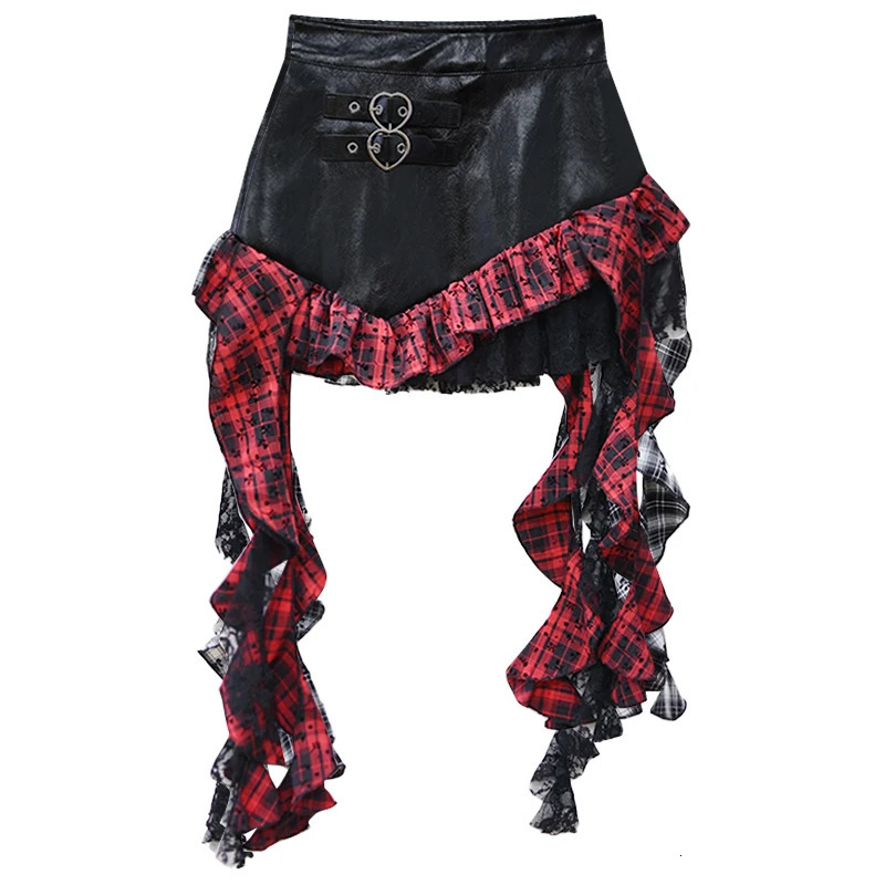 Faux Leather Mini Skirt with Plaid Ruffle Lace Trim HeartShape Buckle Asymmetrical Teengirl egirl Y2k Grunge Outfit 250310