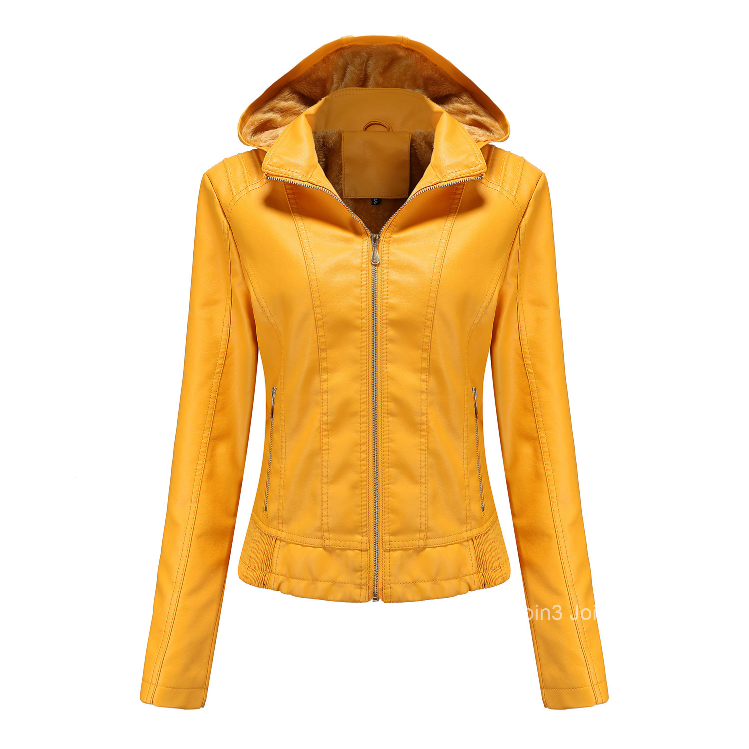 Fashion Awhooded Leather Womens Detachable Hat Zipper Long Sleeve Plush Leather Jacket European Size Slim Fit Coat