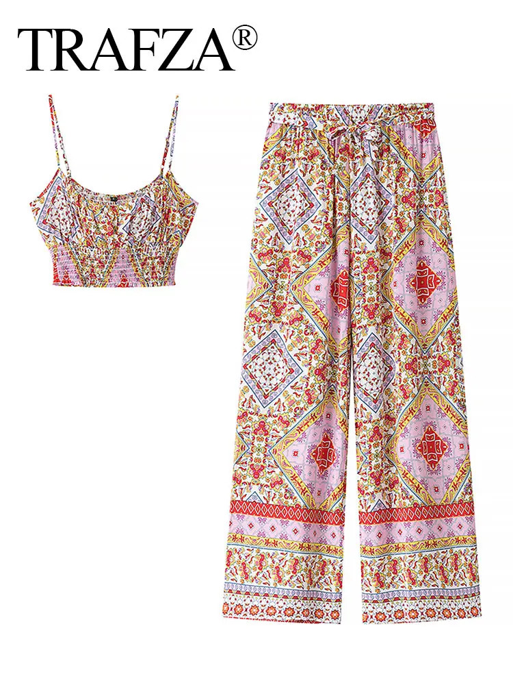 TRAFZA Womens Retro Geometric Print Set Sleeveless Sling Elastic Bottom TopHigh Waist Lace Wide Leg Spring Ethnic Style 250313