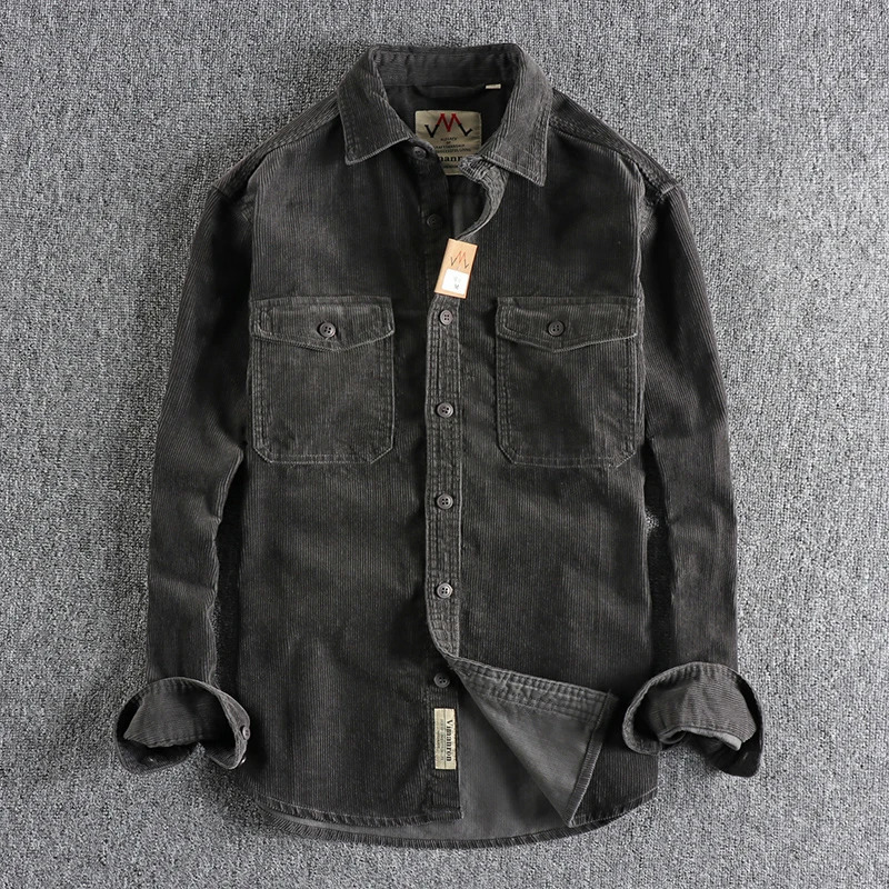 Retro washed Corduroy long sleeved shirt for men simple and loose winter thick jacket 250313