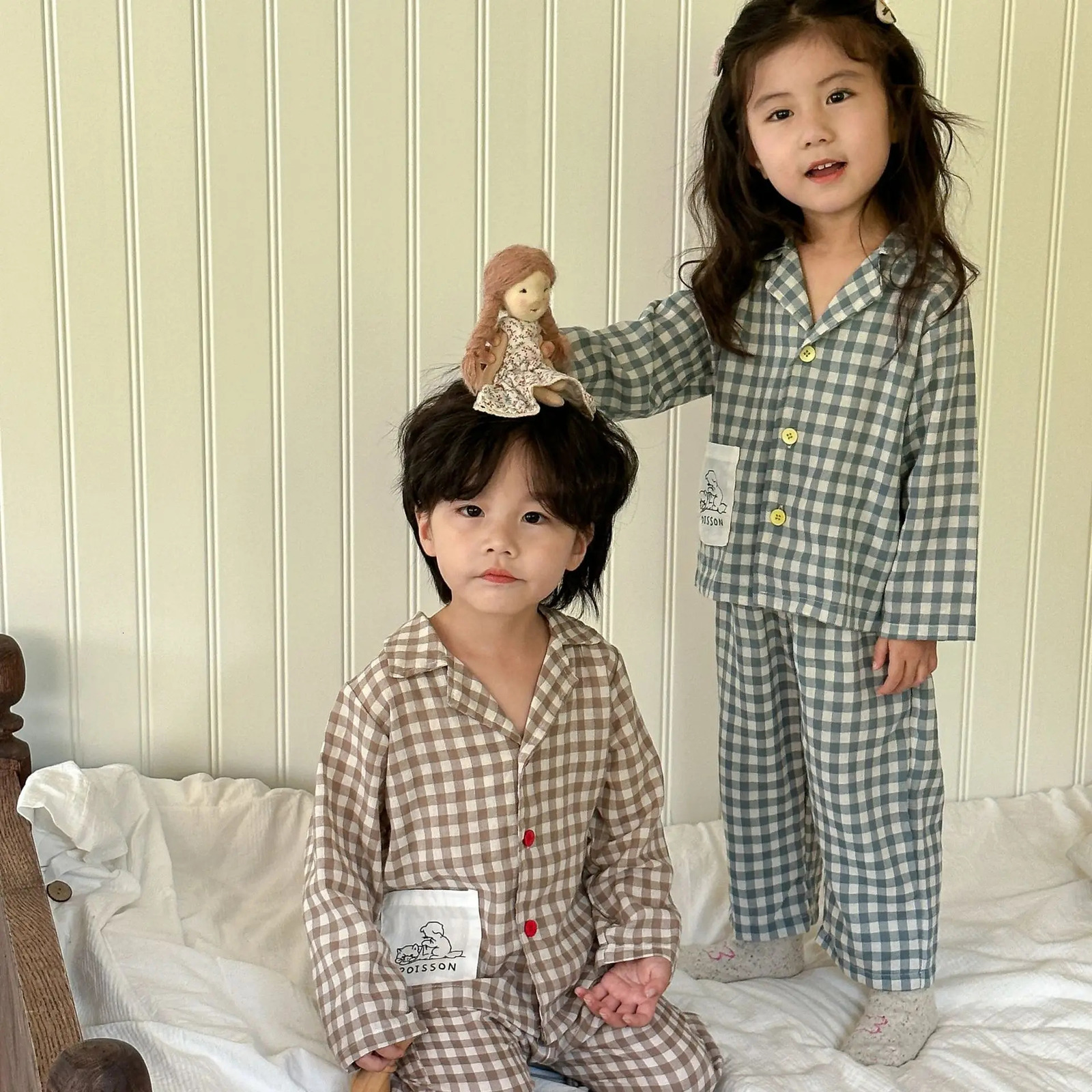 Spring Autumn Childrens Boys Sleepwear Cotton Checkered Long Sleeved Shirtspants 2PCS Suit Kids Baby Boys Pajamas 250314