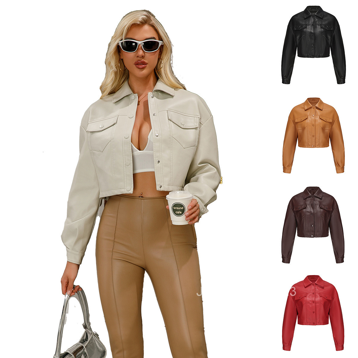 Fashion Spring and Autumn New Loose Casual Leather Jacket Womens Long Sleeve Single Breasted Womens Short Jacket Flip Collar Fashion Join3