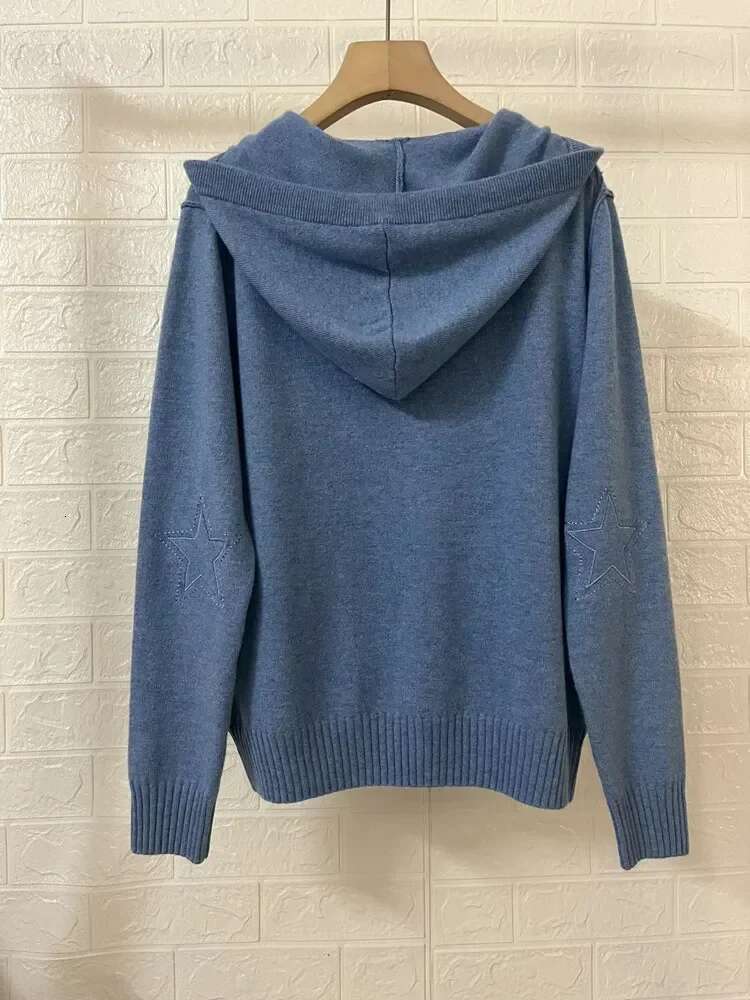 Hooded Women Star Embroidery Sweater Zipper 100% Cashmere Long Sleeve Loose 2024 Fall Winter Female Knit Cardigan Coat