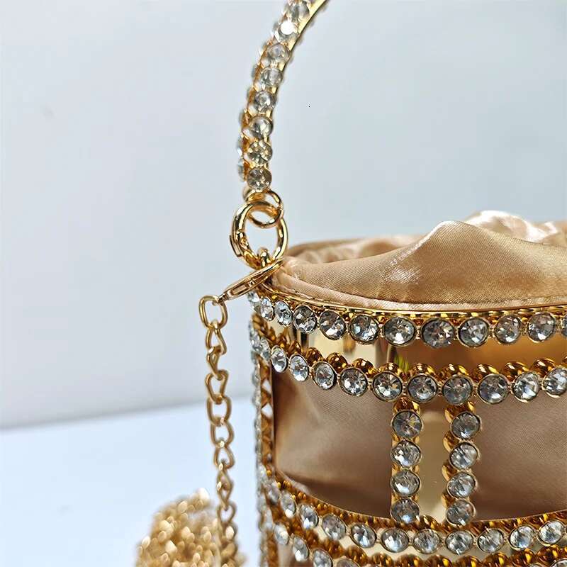 JIOMAY Women Ladies Evening Wedding Purse Rhie Clutch Designer Handbag Metal Bucket Tote Bag