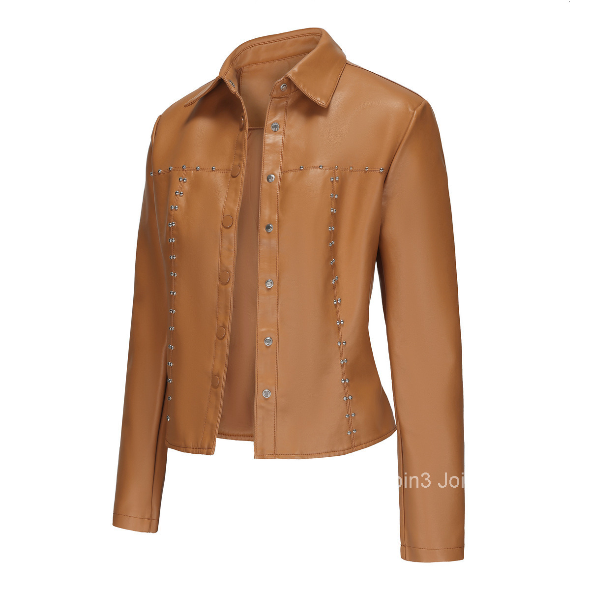 Fashion Spring and Autumn New Rivet Leather Jacket Cardigan Button Up Leather Jacket Fashion Trend Thin Coat Womens Clothing Join3