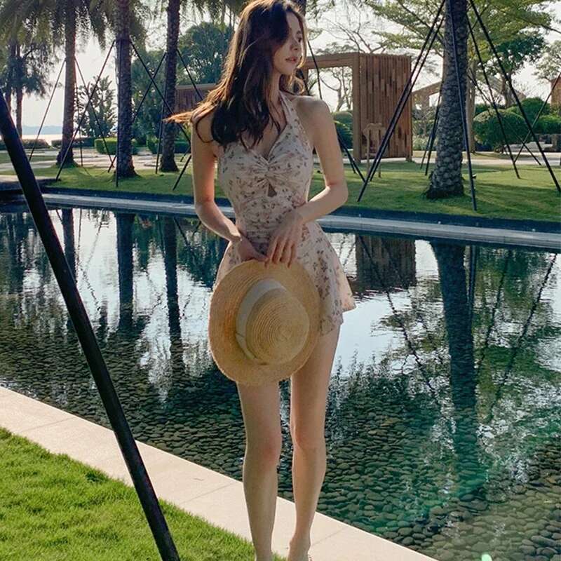 Women's one-piece swimsuit, cute, camisole collar, soft, sexy, beachwear, beach skirt, high waist, suitable for girls