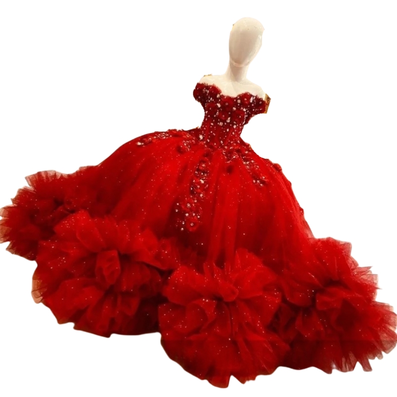 Exquisite Red Flower Girl Dress For Wedding Ruffles Floral Applique Pearls Crystal Beaded Princess Birthday Party Graduation Dress Christmas Christeni
