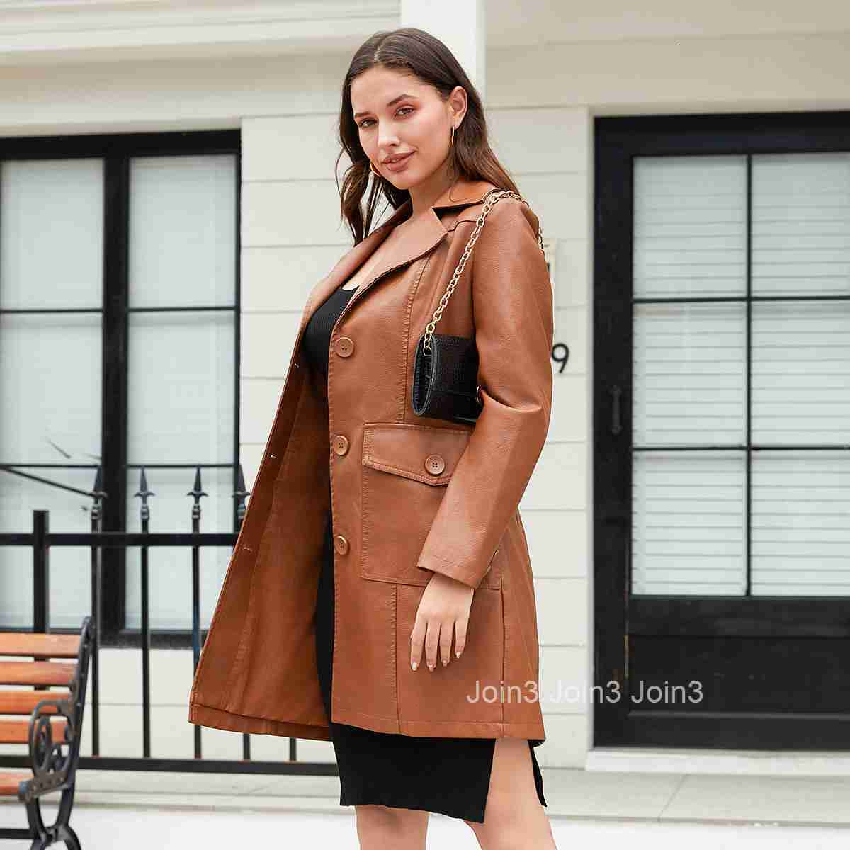 Fashion New Long Style Leather Coat Spring and Autumn Long Sleeve Leather Windbreaker Fashion British Coat Womens Polo Collar Single Breasted Join3