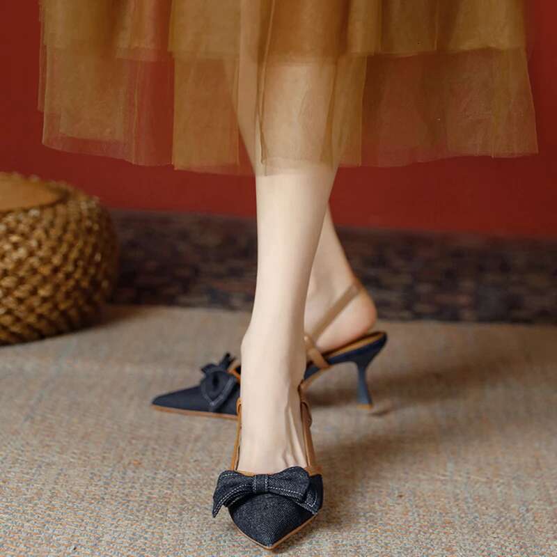 Denim Blue Summer High Heel Women's Sandals Fashion Butterfly-Knot Mules For Ladies Party Dress Shoes