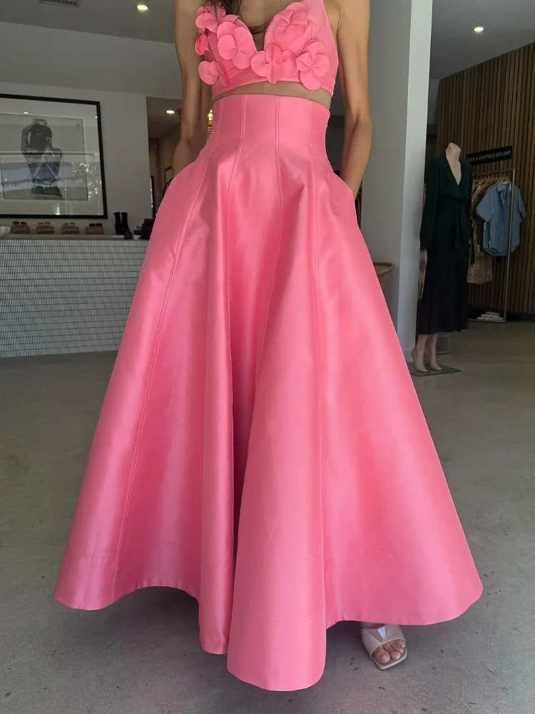 Summer sexy sleeveless vest Maxi Skirt twopiece set womens elegant floral decoration crop top Skirts vacation party dress 250312