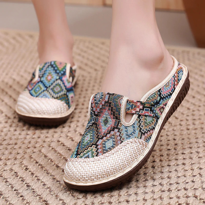 Womens Non-slip Cloth Shoes Summer Breathable Linen Sandals and Slippers Womens Outerwear Soft Bottom Baotou Slippers 250314