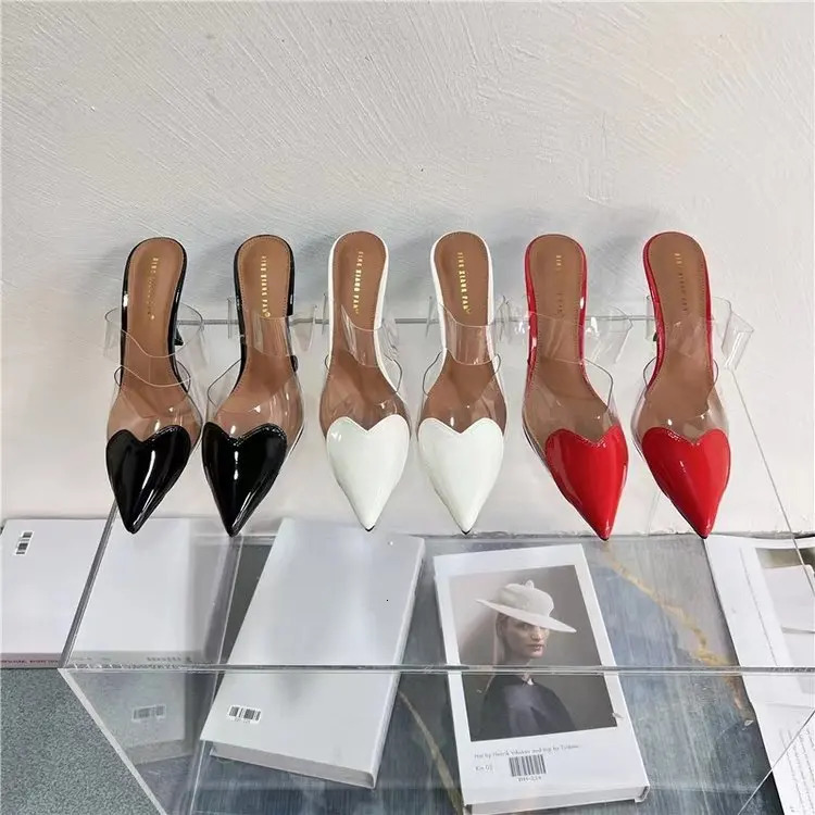 Sexy Pvc Women Slippers Leather Pumps Stiletto Sandals Pointed Toe High Heel Womens Shoes Woman Mules Slip on Patchwork 250314