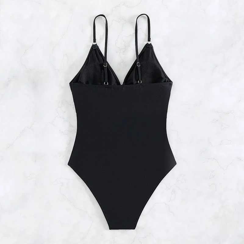 2017 summer black one-piece swimsuit womens solid color bikini sexy V-neck ultra-thin Monokini adjustable shoulder strap SS beach swimsuitXJ250315