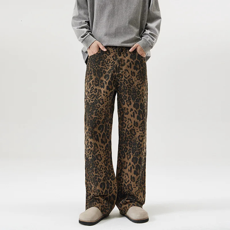 Mens jeans Baggy Casual American style Leopard print Vintage pants Straight High Street fashion Hip hop Trousers for men 250314