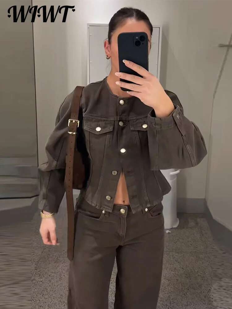 Vintage Denim Jackets Pants Set Women Casual Single Breasted Long Sleeve Coat Wide Leg Trousers Spring New Lady Loose Suit
