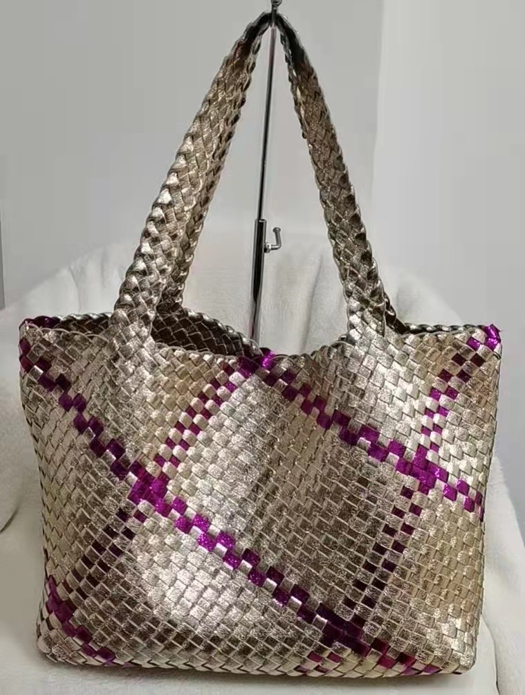 Woven Snake Pattern, Color Blocking, Handmade Woven Handbag, Single Shoulder Mother Beach Tote Bag, Shopping Bag