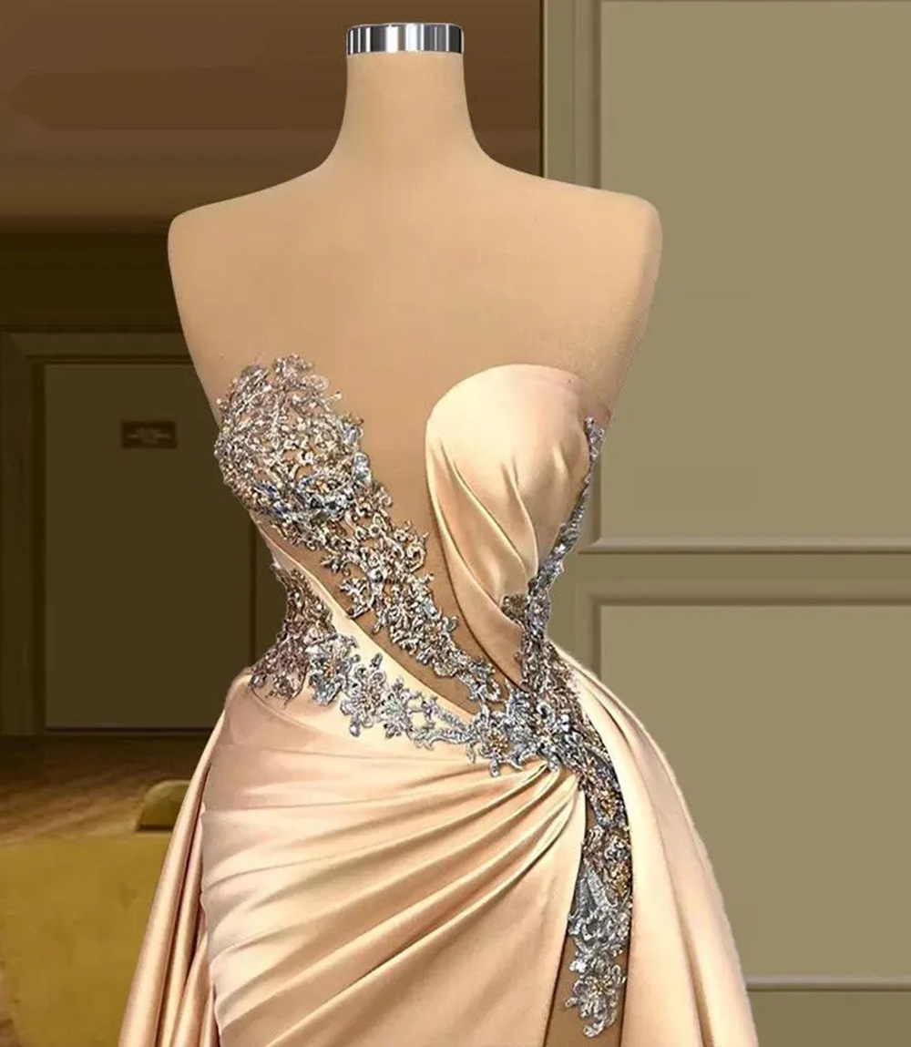 Prom Gown Evening Dresses Party Mermaid Sleeveless Sweetheart Illusion Crystal Applique Sequins Satin Champagne Plus Size Zipper Lace Up New Custom