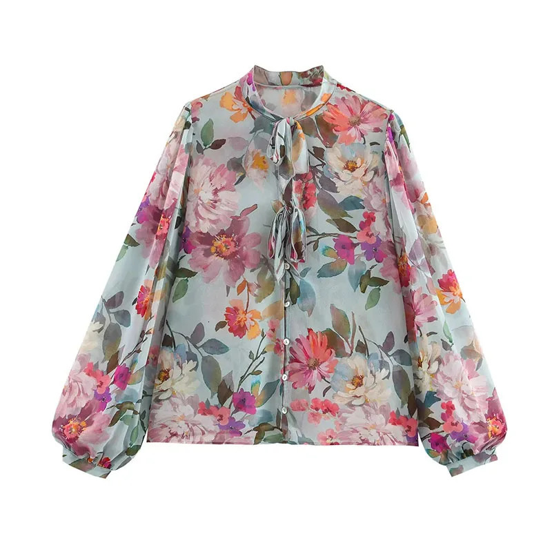 Women Vintage Flower Printed Chiffon Blouses Spring Summer Long Sleeve Bow O-Neck Shirts Woman Holiday Beach Loose Casual Shirt 250310