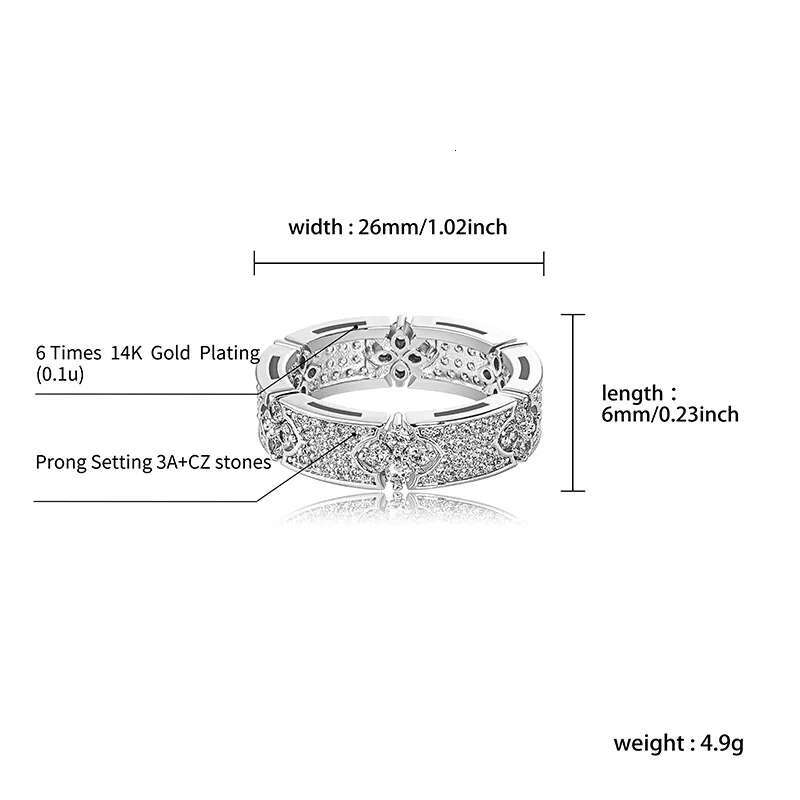 JINAO Hip Hop Iced Out Four Leaf wer Ring Full Micro Pave Bg Cubic Zirconia Round Wedding Rings for Women Men