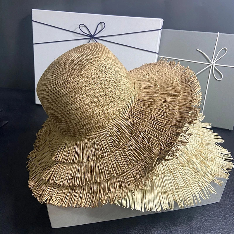 Fashion Wide Brim Womens Dome Tassel Straw Hat Sun Hat Beach Hat Sun Protection Jazz Hat Bucket Hat 250314