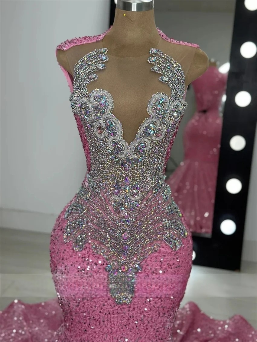 Charming Pink Sequined Mermaid Prom Dresses 2025 Glitter Beading Diamonds Crystal Birthday Dress Gown For Black Girls Pageant Party Special Occasion