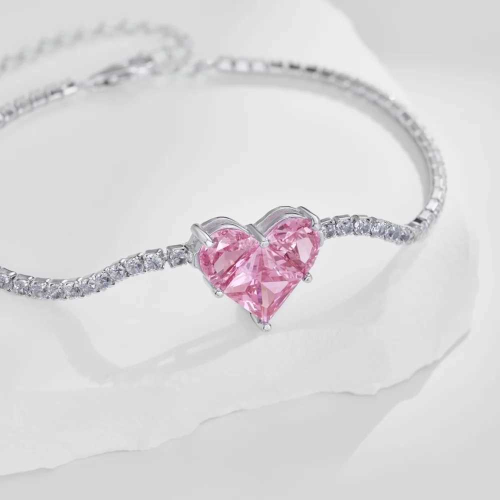 925 Silver Tennis Bracelet Women Diamond Pink Heart Bracelet Female Sparkling 5A Zircon Advanced Design Luxury Jewelry Girl GiftXJ250315