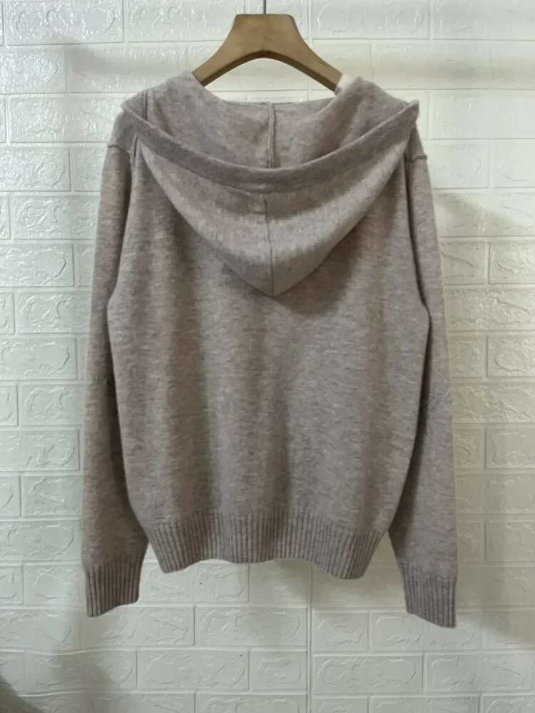 Hooded Women Star Embroidery Sweater Zipper 100% Cashmere Long Sleeve Loose 2024 Fall Winter Female Knit Cardigan Coat